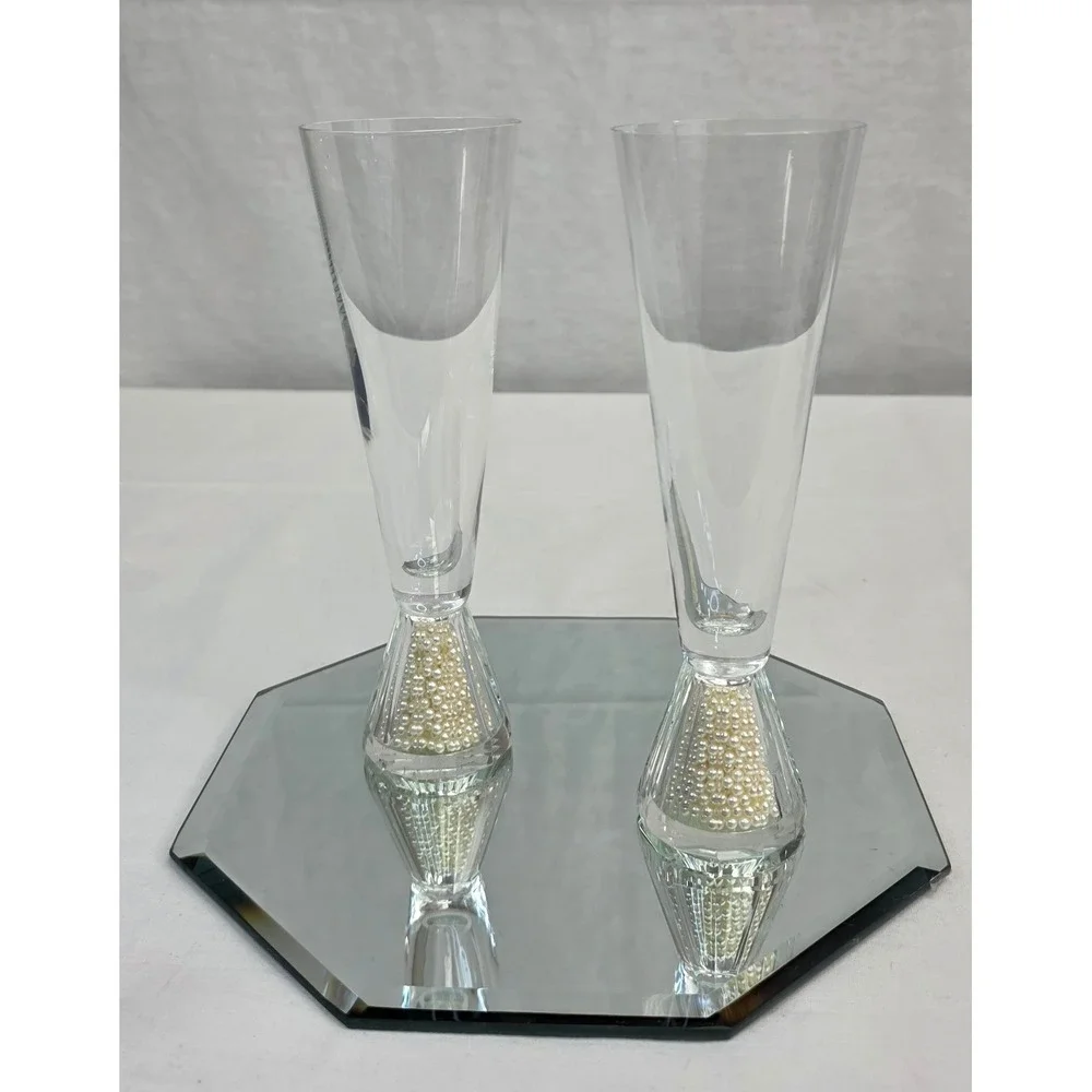 Pair of Faux Pearl Filled Base Champagne Flutes Wedding Toasting Glasses